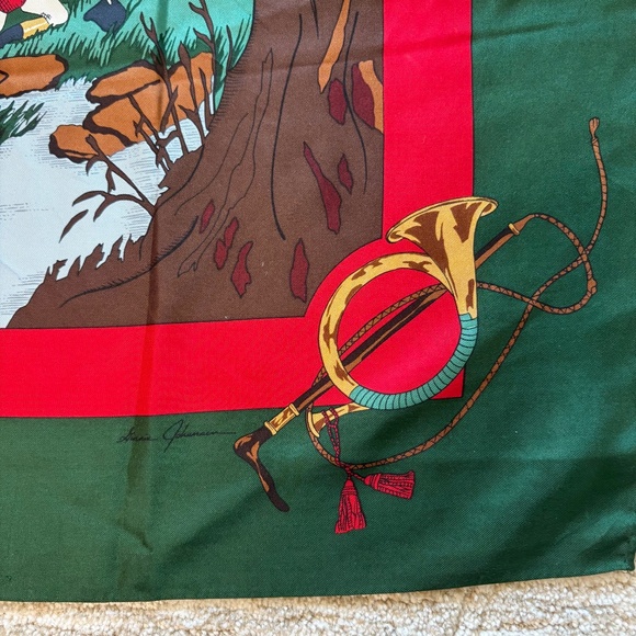 Ginnie Johansen Silk Scarf Green Gallery Horse Hunting 80s Retro Equestrian - Picture 4 of 9